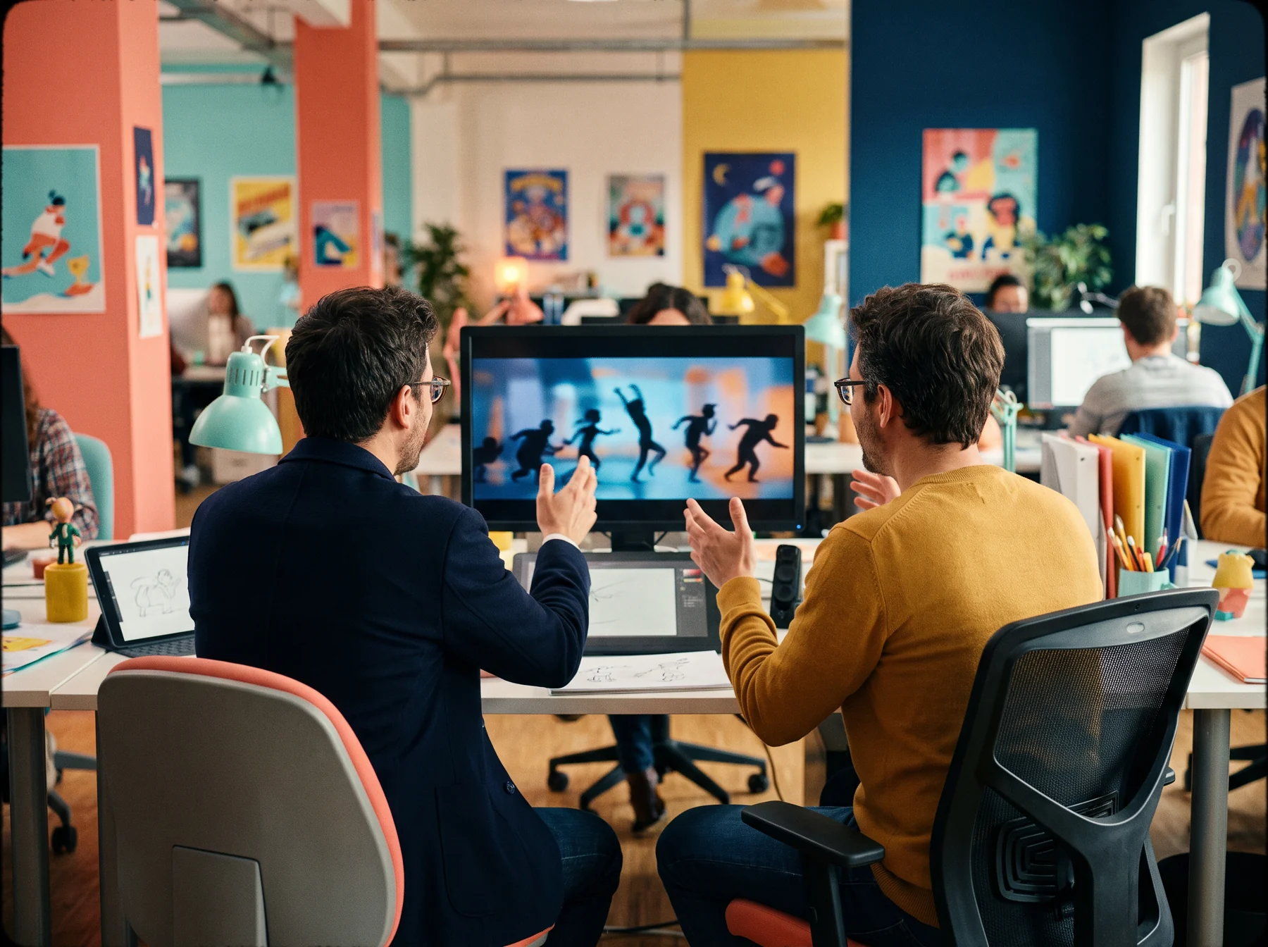 Animators discussing a character motion sequence
