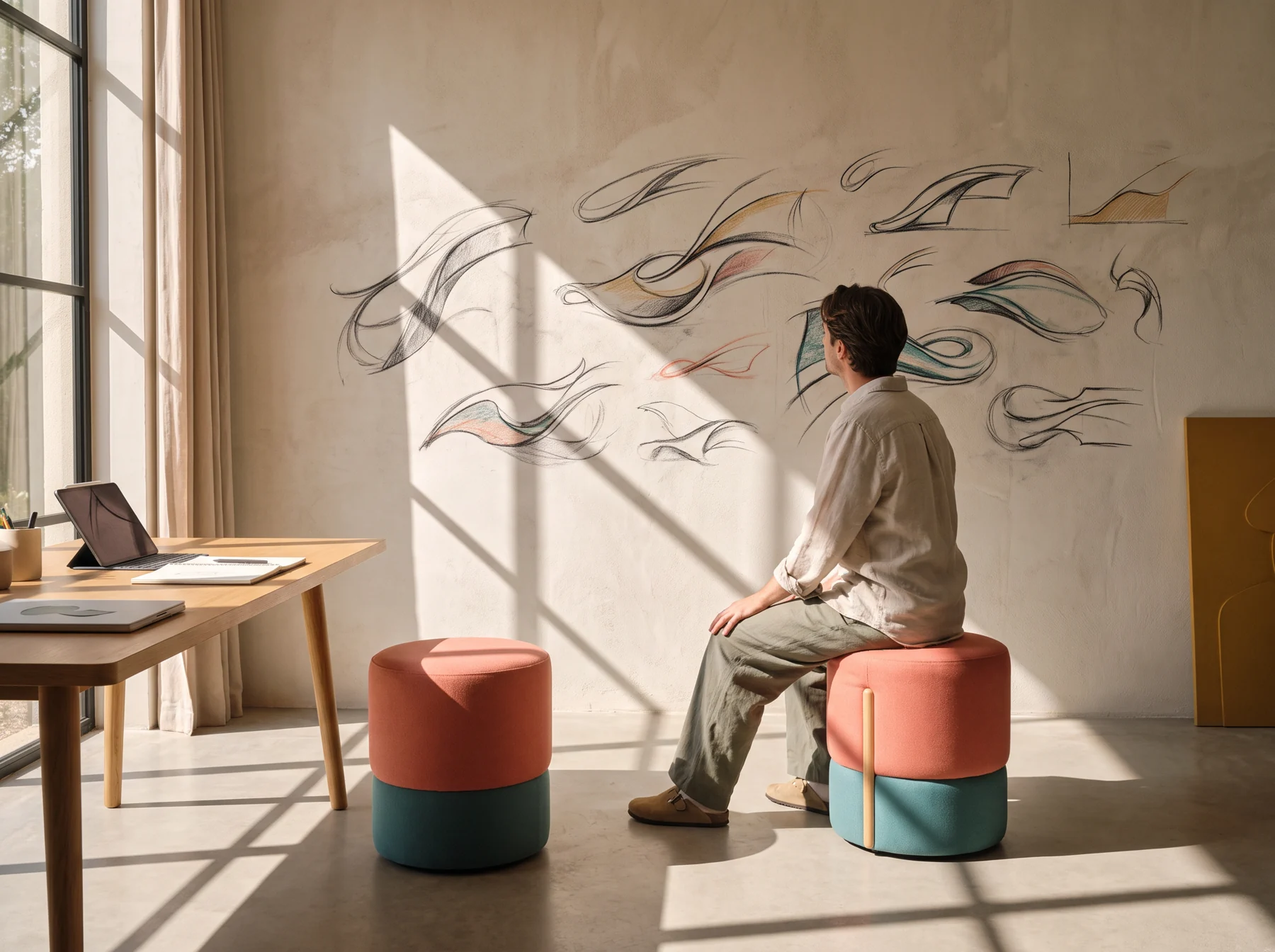 Animator studying motion drawings in a studio