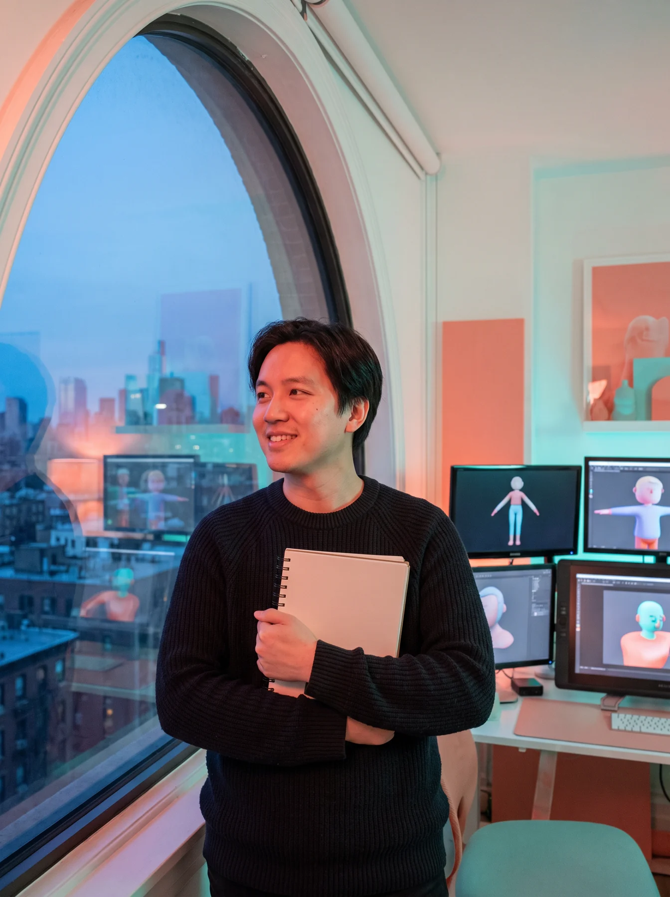 Animator in a studio at dusk